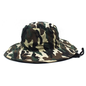 Men's camouflage boonie hat with wide brim and adjustable wind cord for outdoor camping