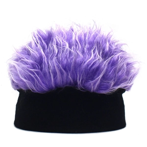 Funny purple wig beanie with black knit base for costume parties and winter warmth