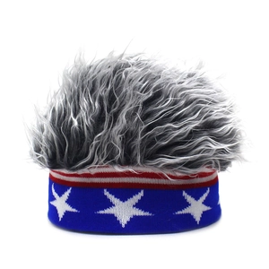 Close-up of stars and stripes knit band with silver synthetic hair on a white background