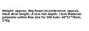 Polyester cotton jazz hat specifications including 58cm circumference and 90g weight