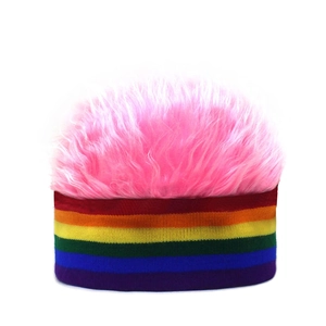 Rainbow knit beanie with pink wig top, stylish colorful skull cap for men and women