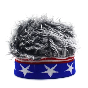 Detail of the US flag pattern knit band with fluffy grey synthetic wig on top