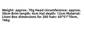 Linen jazz hat specifications: weight 70g, head size 58cm, brim 4cm, and depth 12cm