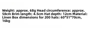 Linen fedora hat specifications showing 58cm head circumference and 4.5cm brim size