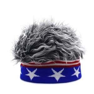 Detail of grey wig hair texture and American flag pattern knit headband for party