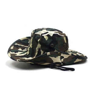Detail of camouflage outdoor sun hat featuring metal vents and adjustable chin strap