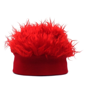 Funny red knit wig beanie cap with creative fuzzy hair design for costume parties