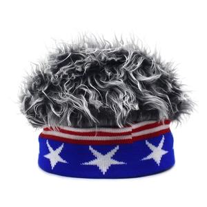 Detail of the US flag pattern headband with fluffy grey synthetic wig hair