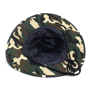 Detail of woodland camouflage boonie hat with adjustable chin strap and side press studs