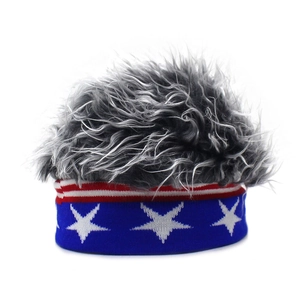 Detail of grey synthetic wig hair and American flag pattern knitted headband fabric