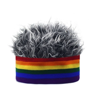 Close-up of curly silver synthetic wig with a rainbow striped knit headband and texture