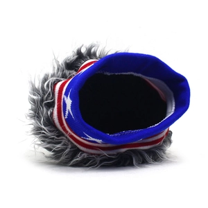 Detail of USA flag knit hat featuring long grey synthetic hair wig for party costumes