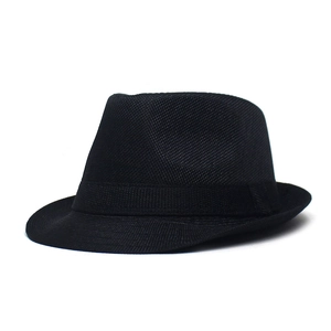 Classic black woven linen fedora hat for men with matching grosgrain ribbon band