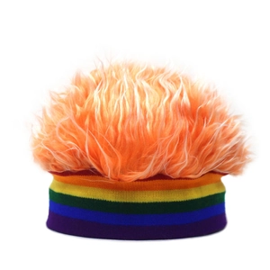 Rainbow striped knit beanie with dramatic bright orange faux fur wig top for party fashion