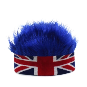 Detail of blue faux fur wig hat featuring a Union Jack knitted headband for parties