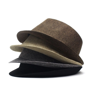 Classic linen fedora hats for men in brown, khaki, dark grey, and black stacked vertically