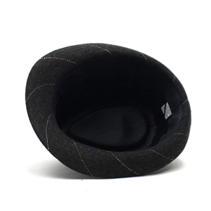 Classic dark brown herringbone fedora hat with stylish pinstripe pattern and inner lining