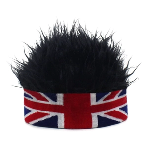 Detail of creative Union Jack headband featuring a black spiky novelty wig for party