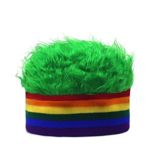 Detail of funny neon green fuzzy top and rainbow striped knitted headband for parties