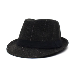Classic dark grey striped fedora hat for men featuring a black grosgrain ribbon band