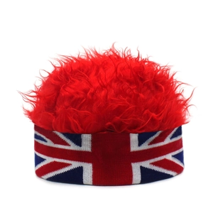 Close-up of fluffy red faux fur top and Union Jack knitted headband for party use
