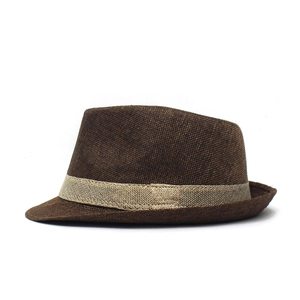 Side view of dark brown linen trilby hat with a light beige decorative band ribbon
