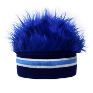 Gorro de punto a rayas con divertida peluca azul de piel sintética para fiestas