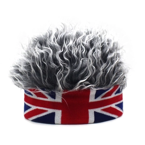 British flag knitted headband with creative greyish white curly synthetic wig hair