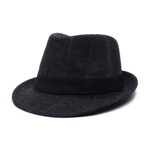 Men's herringbone tweed fedora hat in dark grey with classic black ribbon band