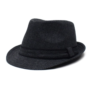Classic dark grey houndstooth fedora hat with black decorative band for men and women
