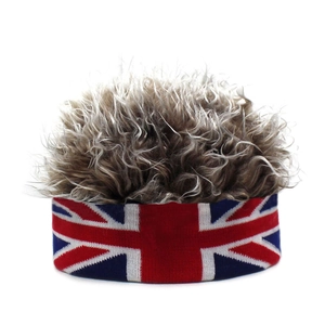 Fun knit headband with UK flag pattern and fluffy grey synthetic wig hair for parties