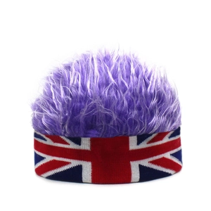 Detail of creative knit hat with purple faux fur wig top and Union Jack flag pattern