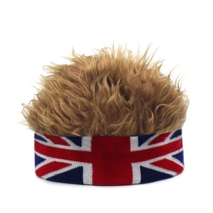 Detail of creative brown wig beanie with Union Jack knitted headband and fluffy texture