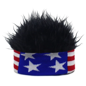 Detail of fun wig headband with US flag pattern and black spiky synthetic fiber hair