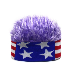 Detail of USA flag knit band with purple long hair synthetic wig for parties