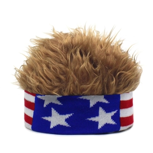 Macro detail of knitted American flag headband with fluffy brown synthetic wig fiber