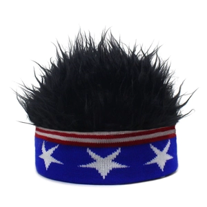 Close-up of knit American flag headband with creative black fluffy wig top for parties