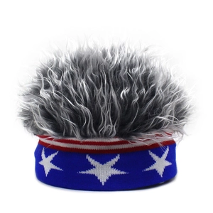 Close-up of patriotic star and stripe beanie with dense grey synthetic wig hair top