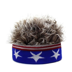 Detailed view of patriotic US flag patterned beanie with brown curly synthetic wig hair