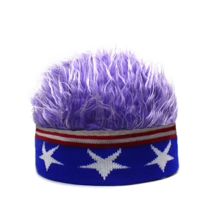 Funny purple wig beanie hat with stars and stripes pattern for party and sports events