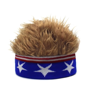Funny American flag knitted headband with fuzzy brown wig hair for cosplay party and sports