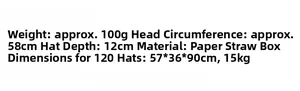 Detailed specs for paper straw fedora hat featuring 58cm head size and 100g weight
