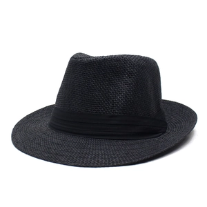 Chapeau fedora classique en paille noire avec large bord et ruban satiné pour l'été