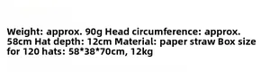 Detailed size chart for straw sun hat with 58cm head circumference and 12cm depth