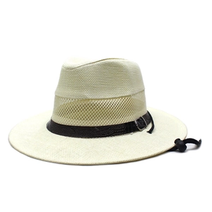 Men's mesh breathable straw sun hat with leather band and windproof chin strap