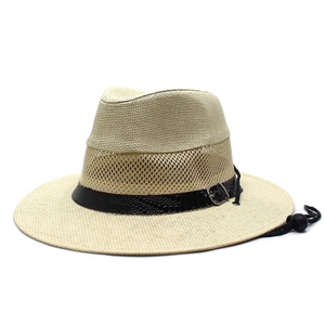 Men's breathable mesh straw sun hat with windproof chin strap for outdoor fishing