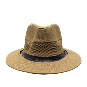 Men's breathable mesh straw sun hat in dark camel with decorative crocodile pattern band