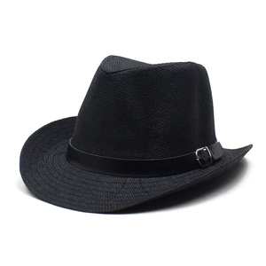 Classic black straw fedora hat with leather band and metal buckle on white background