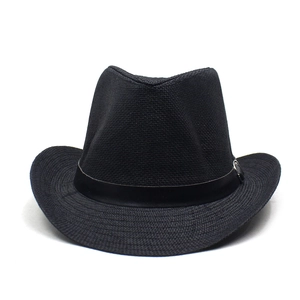 Detailed view of black woven straw fedora hat featuring a leather band and silver buckle