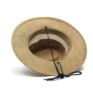 Detail view of the breathable mesh crown and size 58 label inside the khaki sun hat